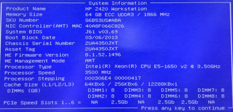 HP Z420 Workstation Xeon E5-1650 v2 @ 3.50GHz 64GB Ram Quadro K4000 GPU )
