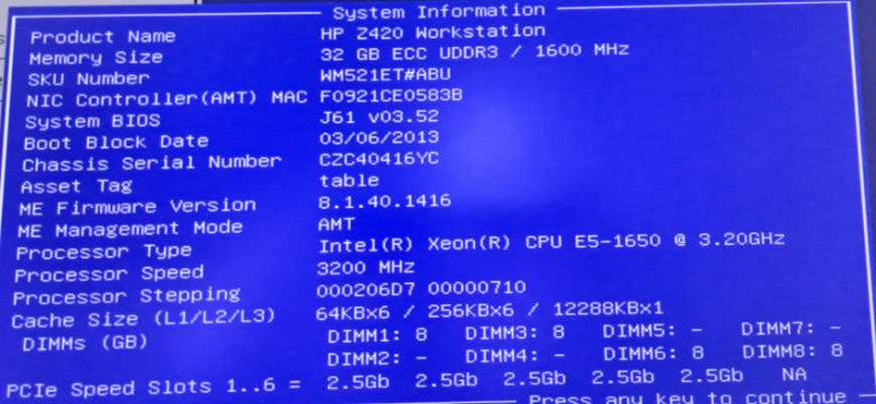 HP Z420 Workstation Xeon E5-1650 @ 3.20GHz 32GB Ram Quadro K4000 GPU )