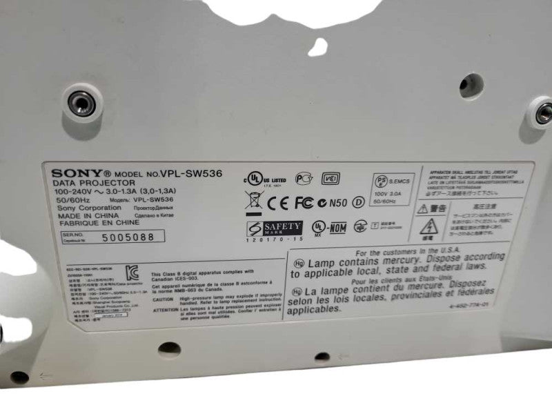Sony VPL SW536 - WXGA 720p 3LCD Projector  - 3100 Lumen-1293H &
