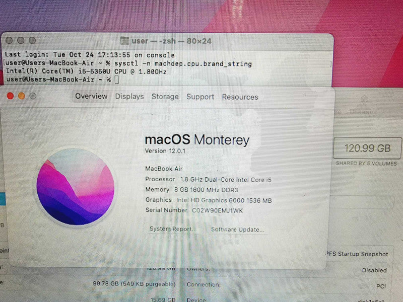 Apple Macbook Air 2017 13" Core i5-5350U @ 1.8GHz 8GB DDR3 120GB SSD (