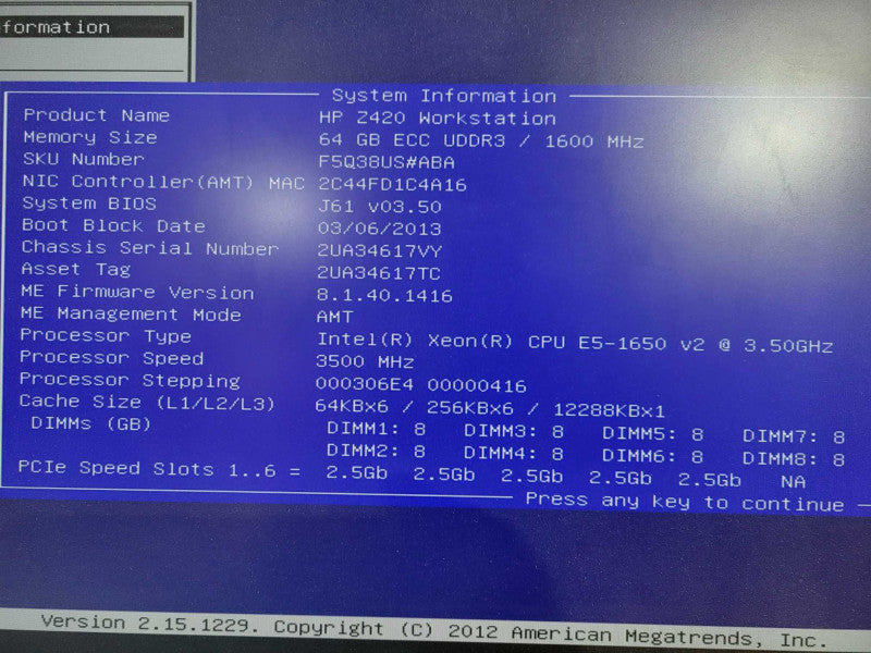 HP Z420 Workstation Xeon E5-1650 @ 3.20GHz 64GB Ram Quadro K4000 GPU No HDD !