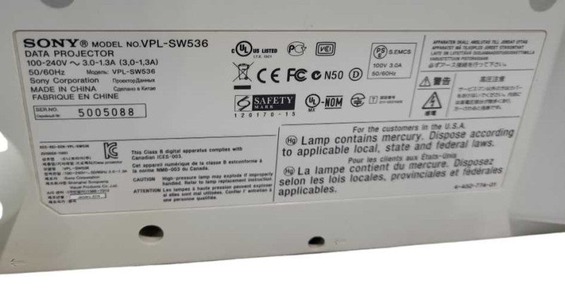 Sony VPL SW536 - WXGA 720p 3LCD Projector - 3100 Lumen-3147H  &