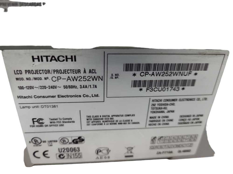 HITACHI CP-AW252WN ULTRA SHORT THROW HDMI USB PROJECTOR 2500 LUMEN-66H &