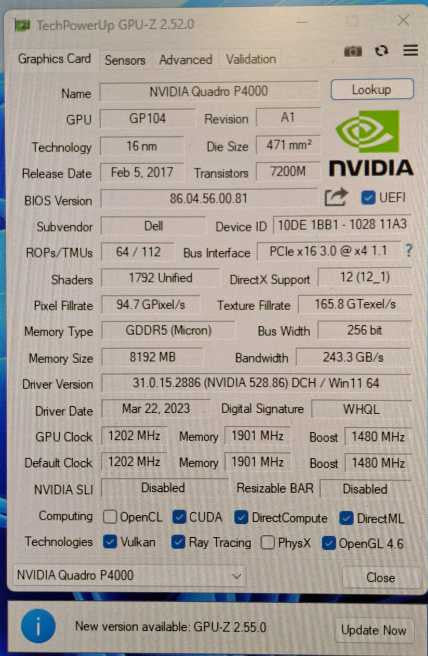 NVIDIA QUADRO P4000 8GB GDDR5 GPU 4x DP | Dell PN:0TWPW0 )