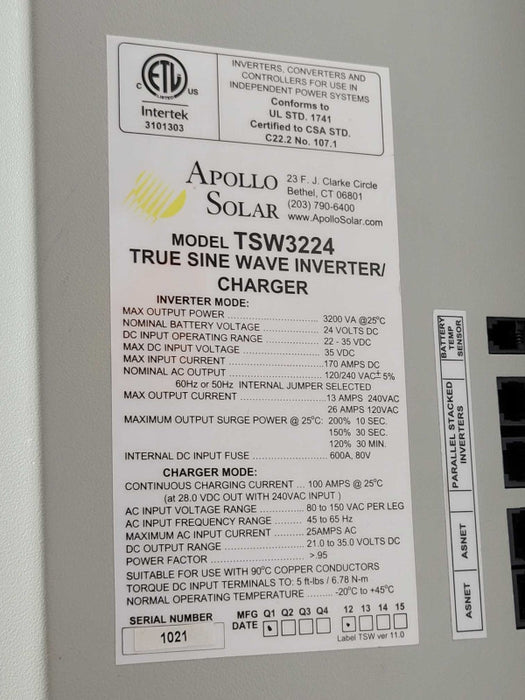 Apollo Solar TSW3224 True Sine Wave Inverter/Charger, READ _