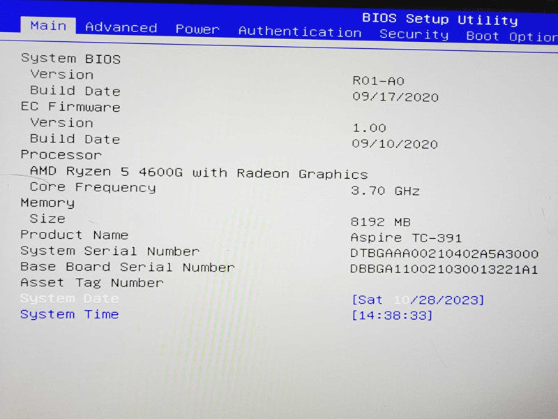 Acer Aspire TC-391 AMD Ryzen 5 4600G @ 3.7GHz 8GB DDR4 No HDD (