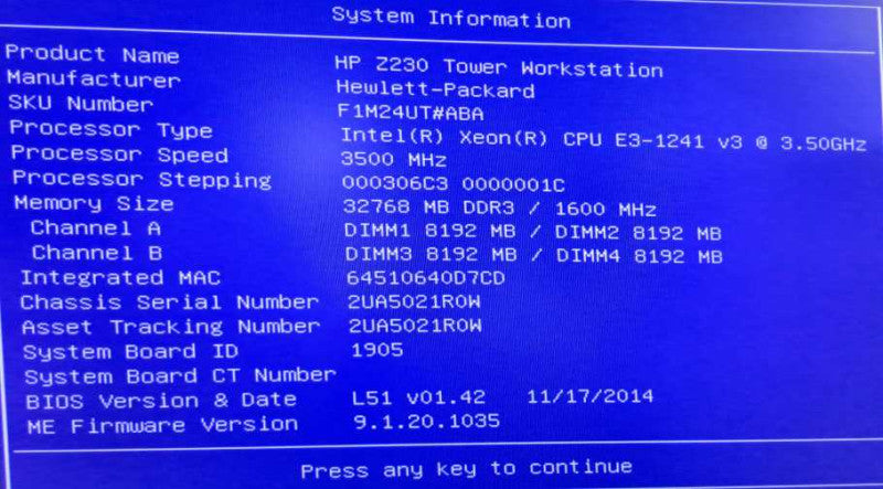HP Z230 Workstation Xeon E3-1241 v3 @ 3.50GHz 32GB Ram Quadro K2200 )