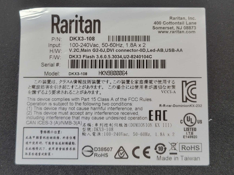 Raritan Dominion KX III Rack Mountable KVM Switch (DKX3-108) _