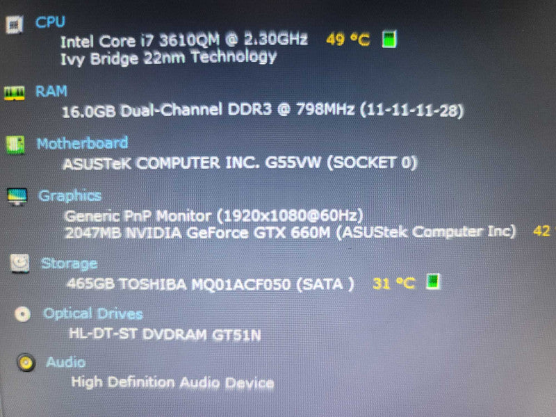 ASUS ROG G55VW  i7-3610QM, 16GB DDR3, 2GB GeForce GTX660M, 500GB HDD* READ