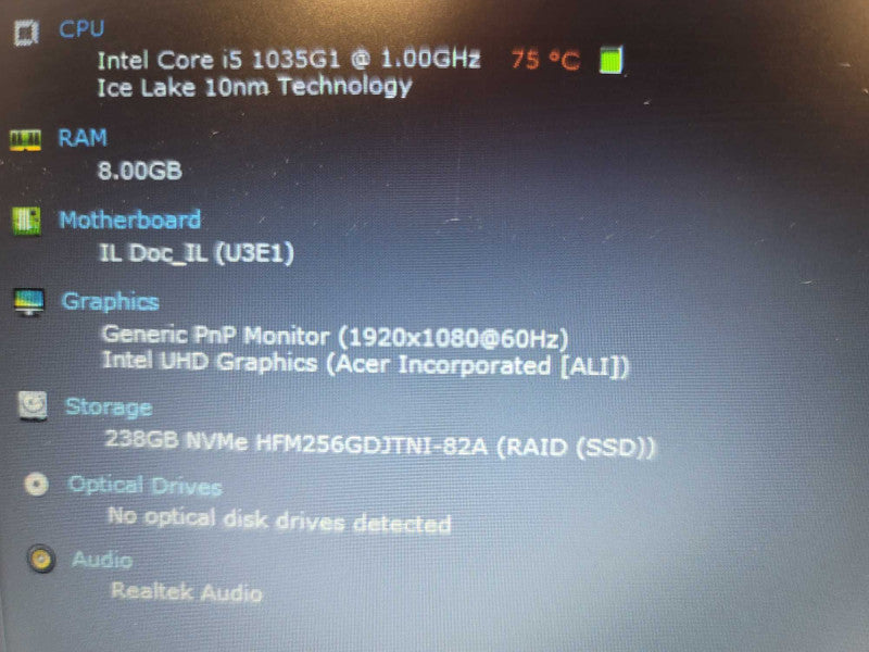 Acer Aspire 5 i5-1035G, 8GB DDR4, 256GB m.2, FOR PARTS/ REPAIR