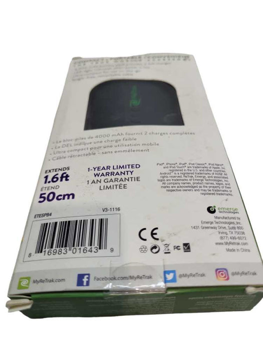 ReTrak Black 4,000 mAh Portable Battery Pk Charger Micro USB Charge/Sync Cabl &