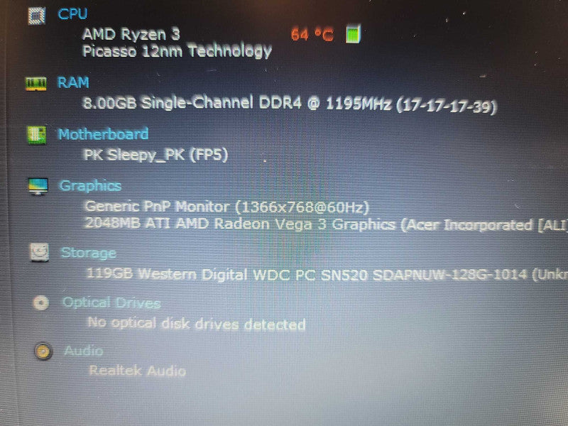 Acer Aspire 3 Ryzen 3, 8GB DDR4, 2GB RadeonVega3, 128GB SSD, FOR REPAIR/PARTS