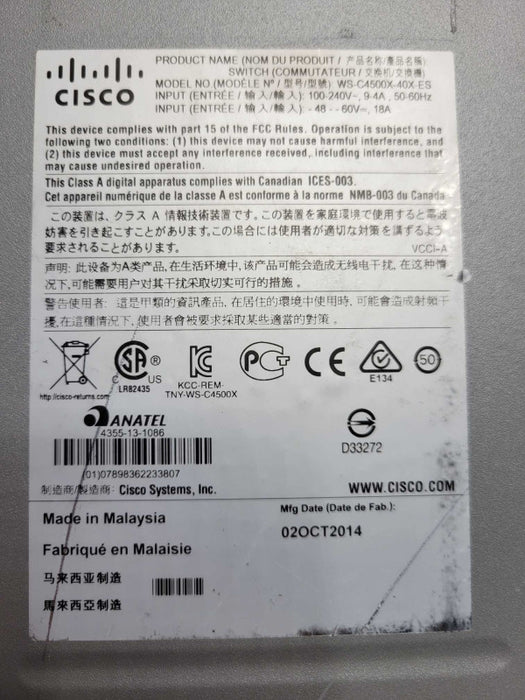 Cisco WS-C4500X-40X-ES Catalyst 4500X w/ 2x Power supplies, READ _