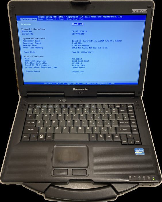 PANASONIC TOUGHBOOK CF-53 Intel i5-3320M@2.6GHz 8GB RAM 500GB HDD 35470 Hrs.