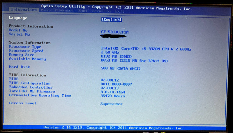 PANASONIC TOUGHBOOK CF-53 Intel i5-3320M@2.6GHz 8GB RAM 500GB HDD 35470 Hrs.