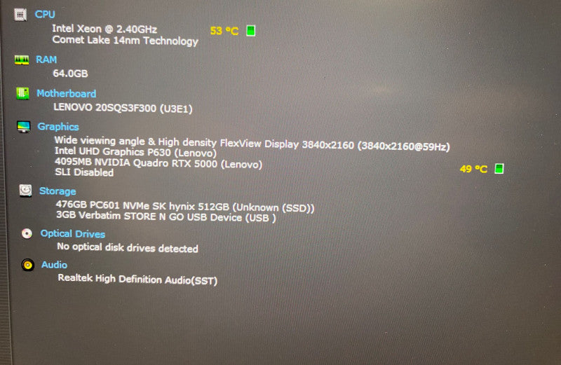 Lenovo ThinkPad P17 Gen 1 Intel Xeon W10885M RTX5000 4GB 64GB RAM 512GB SSD