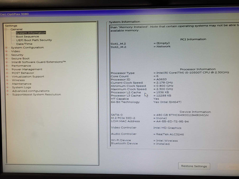Dell OptiPlex 3080 Micro Core i5-10500T 2.3GHz 6-Core,16GB DDR4, 480GB SSD _