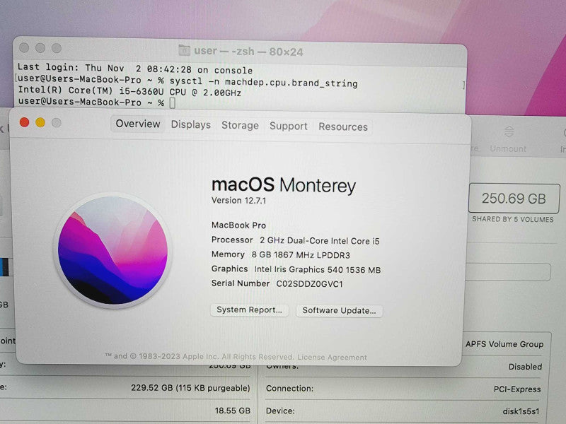 Apple Macbook Pro 2016 13\\" Core i5-6360U @ 2.0GHz 8GB DDR3 250GB SSD (