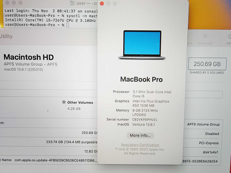 Apple Macbook Pro 2017 13\\" Core i5-7267U @ 3.1GHz 8GB DDR3 250GB SSD (