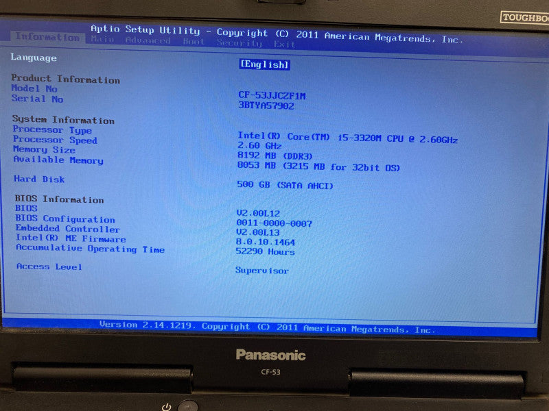 PANASONIC TOUGHBOOK CF-53 Intel i5-3320M@2.6GHz 8GB RAM 500GB HDD 52290 Hrs.