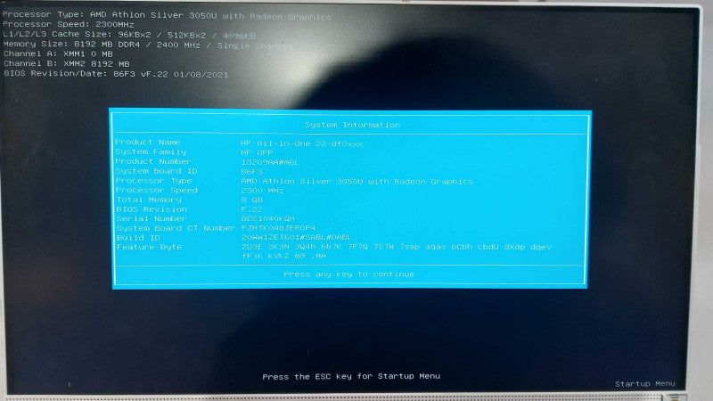 HP AiO 22-df0xxx AMD athelon Silver 3050U @ 2.30ghz Radeon graphics 8gb ram  #