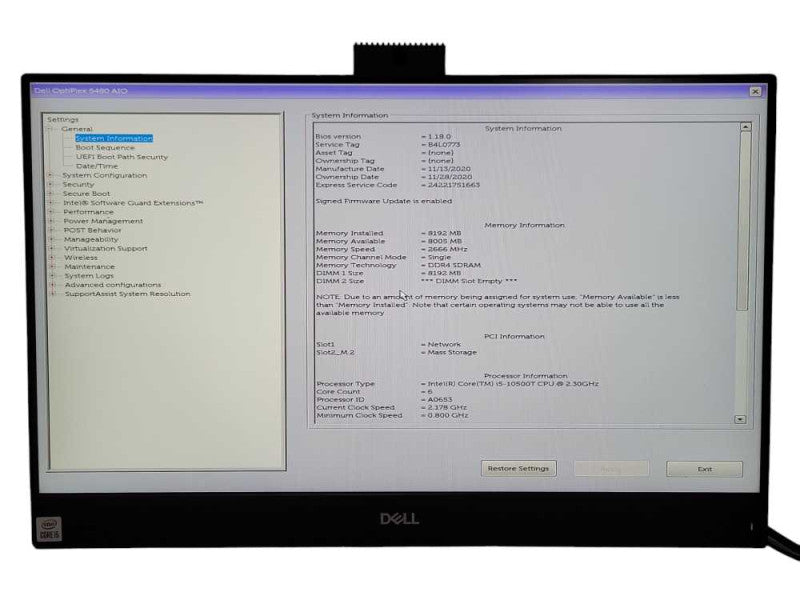 Dell Optiplex 5480 AIO Core I5-10500T 2.3GHz 8GB DDR4, 480GB SSD 23.8\\" READ _