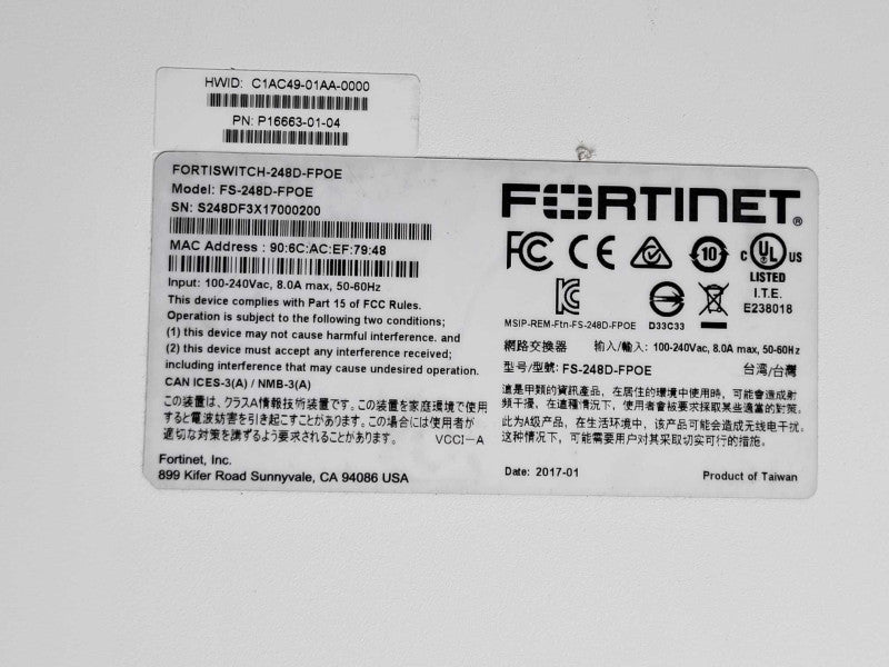 Fortinet FortiSwitch FS-248D-FPOE 48-Port POE Switch, READ _