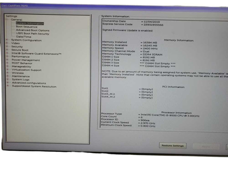 Dell Optiplex 7070 SFF Core i5 - 9500 CPU @ 3.00GHz 16GB DDR4 Ram NO HDD