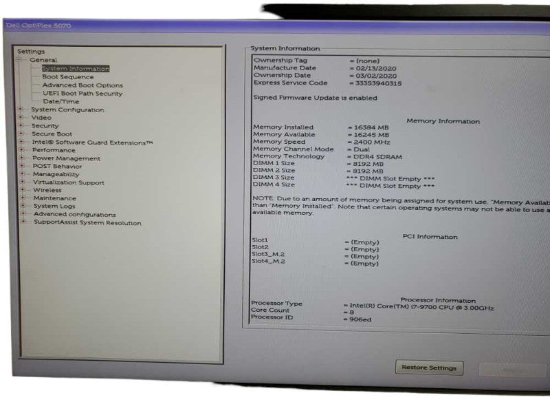 Dell Optiplex 5070 SFF i7 - 9700 CPU @ 3.00GHz 16GB DDR4 Ram NO HDD