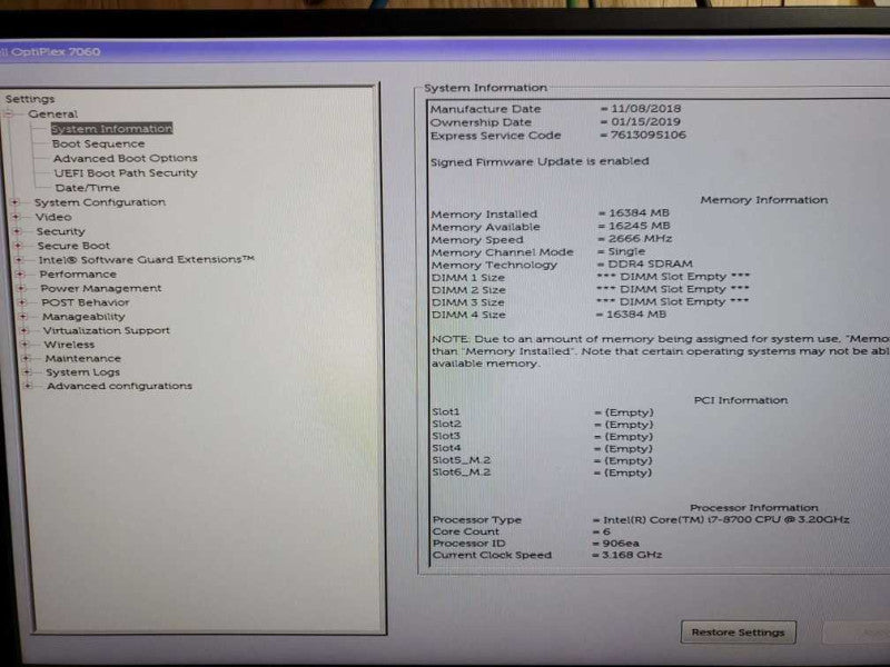 Dell OptiPlex 7060 SFF Core Intel i7 - 8700 CPU @ 3.20GHz 16GB RAM NO HDD