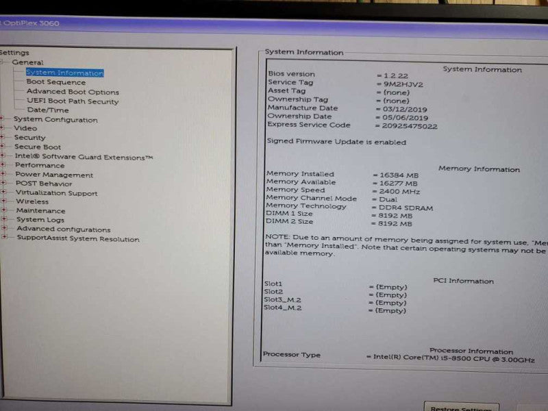 Dell OptiPlex 3060 Core i5 - 8500 CPU @  3.00GHz 16GB DDR4 RAM NO HDD Q