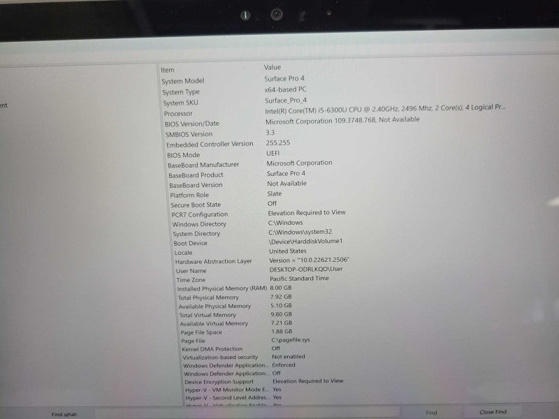 Microsoft Surface Pro 4 Core i5-6300U 2.4GHz 8GB RAM 256GB SSD W/ Power Adpt _