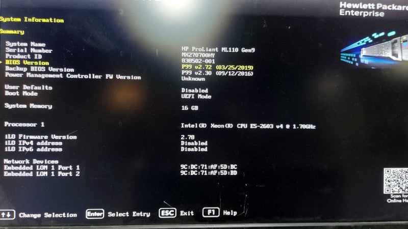 HP Proliant ML110 Gen9 Xeon E5-2603 V4 @ 1.70ghz / 16GB ram / B140i Raid #