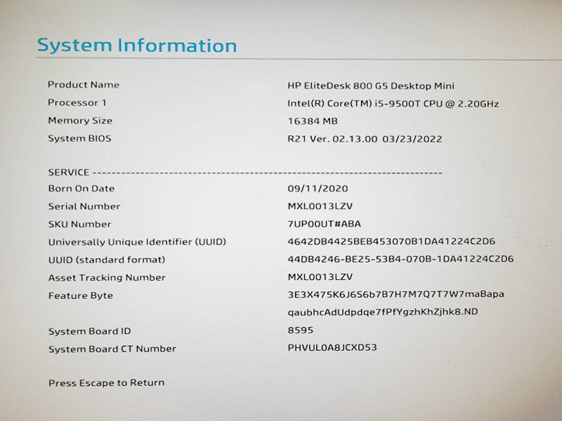 HP EliteDesk 800 G5 Core i5-9500T @ 2.2GHz 16GB DDR4 250GB SSD (