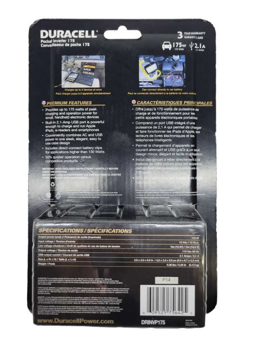 Duracell 175watt / 2.1amp Power Inverter DC>AC (NEW) %