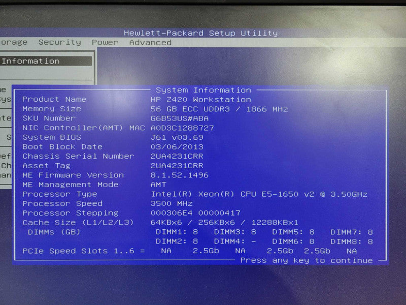 HP Z420 Workstation Xeon E5-1650v2 @ 3.20GHz 56GB Ram Quadro K4000 GPU No HDD !