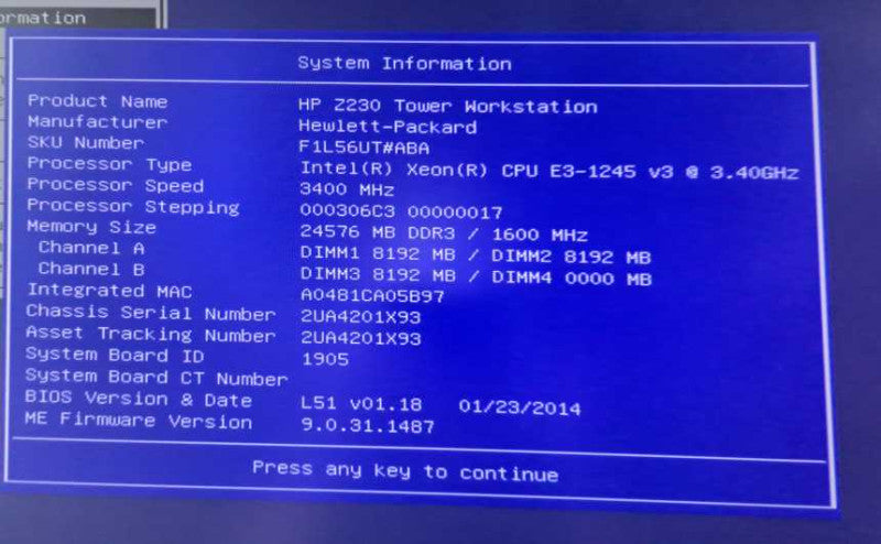 HP Z230 Workstation Xeon E3-1245 v3 @ 3.40GHz 24GB Ram Quadro K2000 GPU )