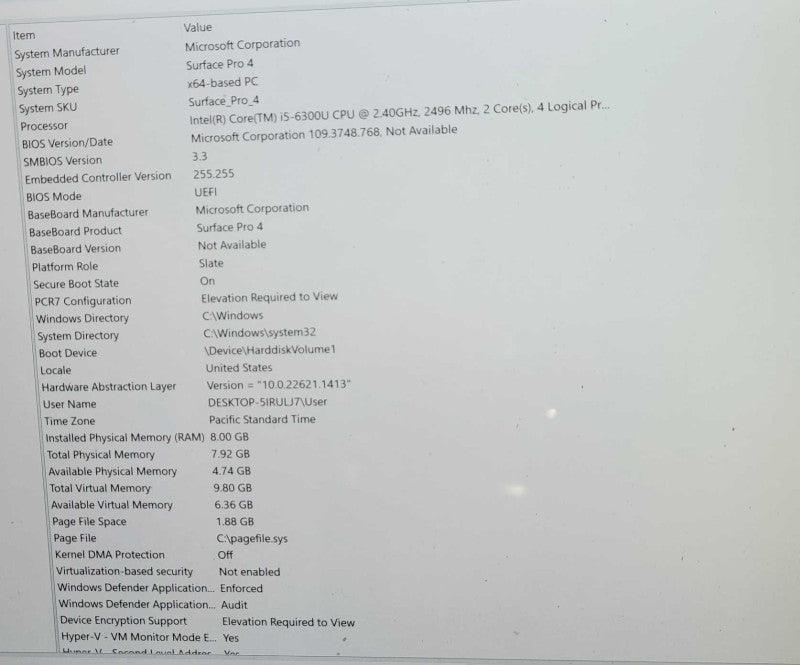 Microsoft Surface Pro 4 Core i5-6300U 2.4GHz 8GB RAM 256GB SSD W/ Power Adpt _