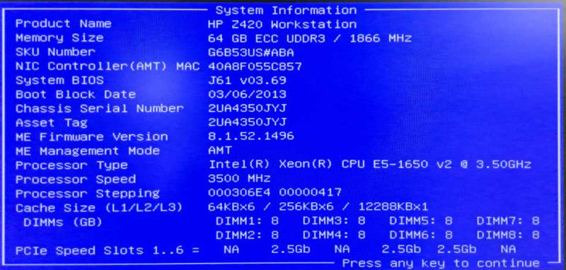 HP Z420 Workstation Xeon E5-1650v2 @ 3.20GHz 56GB Ram Quadro K4000 GPU No HDD )