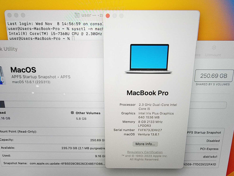Apple Macbook Pro 2017 13\\" Core i5-7360U @ 2.3GHz 8GB DDR3 250GB SSD (