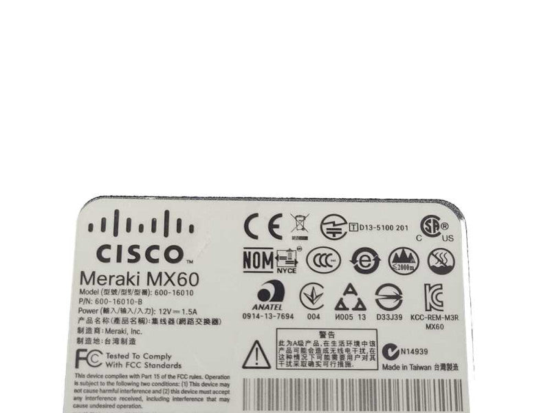 Cisco Meraki MX60 MX60-HW Cloud Managed Security Appliance _