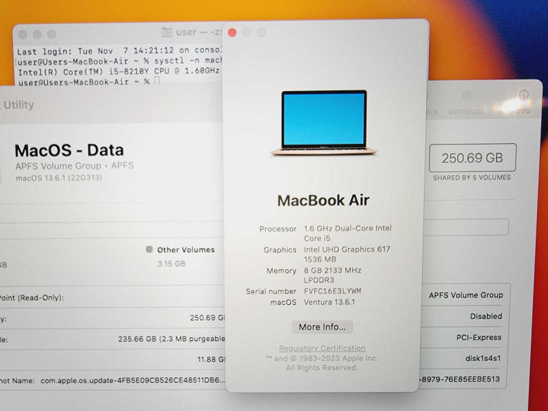 Apple Macbook Air Retina 2019 13\\" Core i5-8210Y @ 1.6GHz 8GB DDR3 250GB SSD (