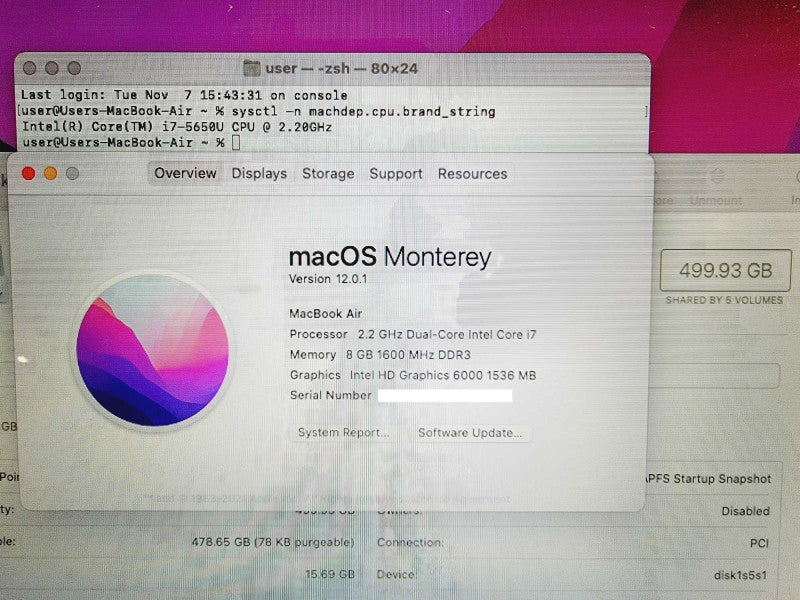 Apple Macbook Air 2017 13\\" Core i7-5650U @ 2.2GHz 8GB DDR3 500GB SSD Q(