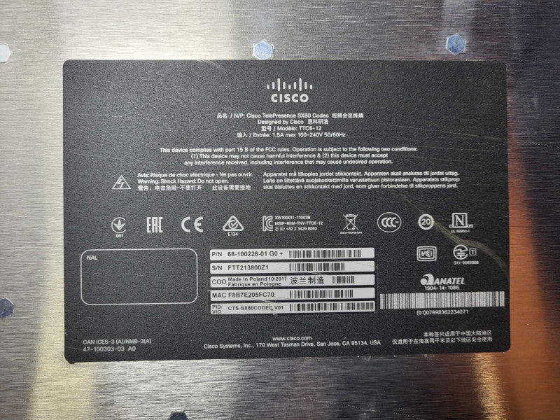 Cisco Telepresence SX80 Codec TTC6-12 CTS-SX80CODEC V01 68-100226 $