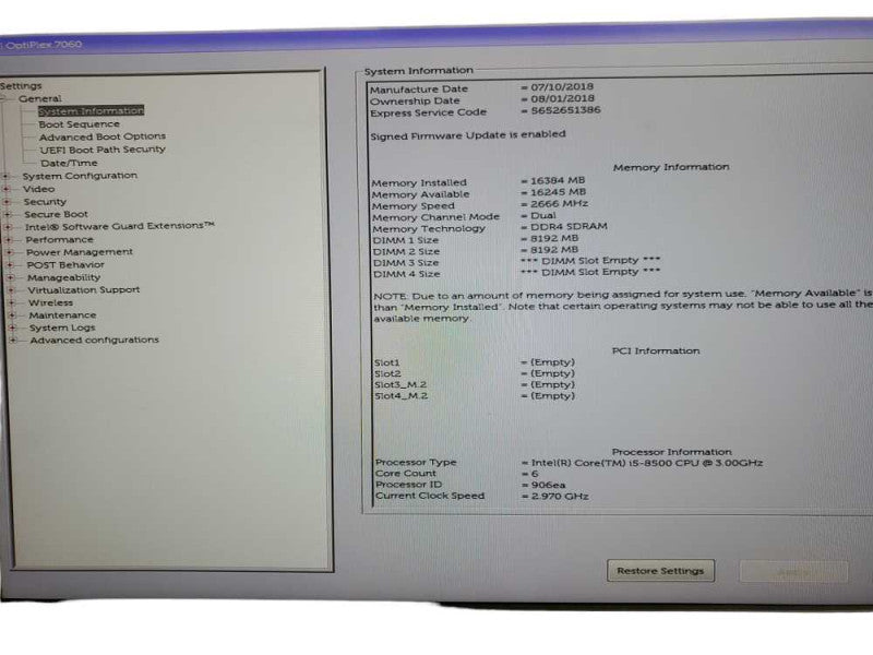 Dell OptiPlex 7060 SFF i5 - 8500 CPU  @ 3.00GHz 16GB DDR4 NO HDD Q