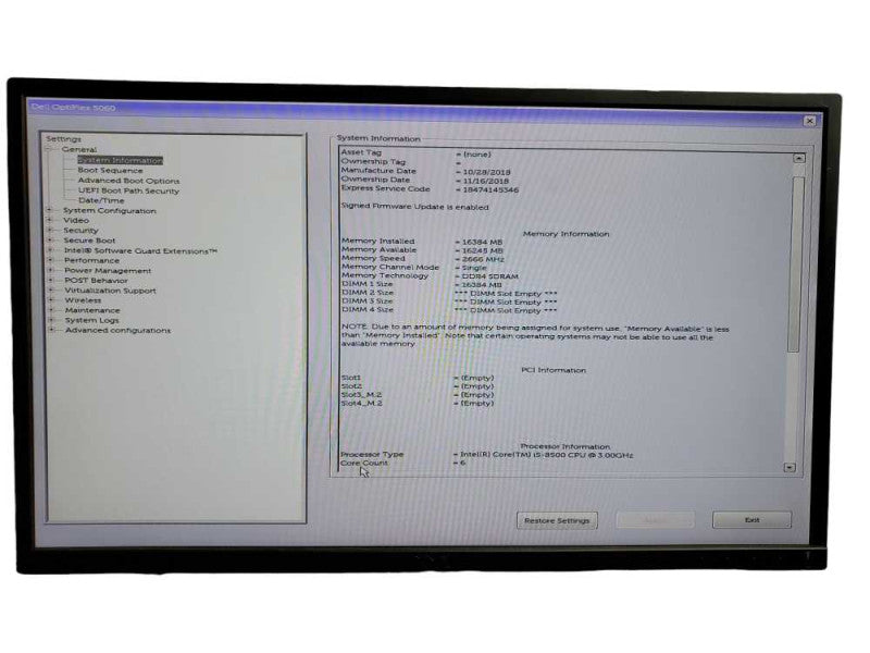 Dell OptiPlex 5060 SFF  i5 - 8500 CPU @ 3.00GHz 16GB DDR4 NO HDD Q