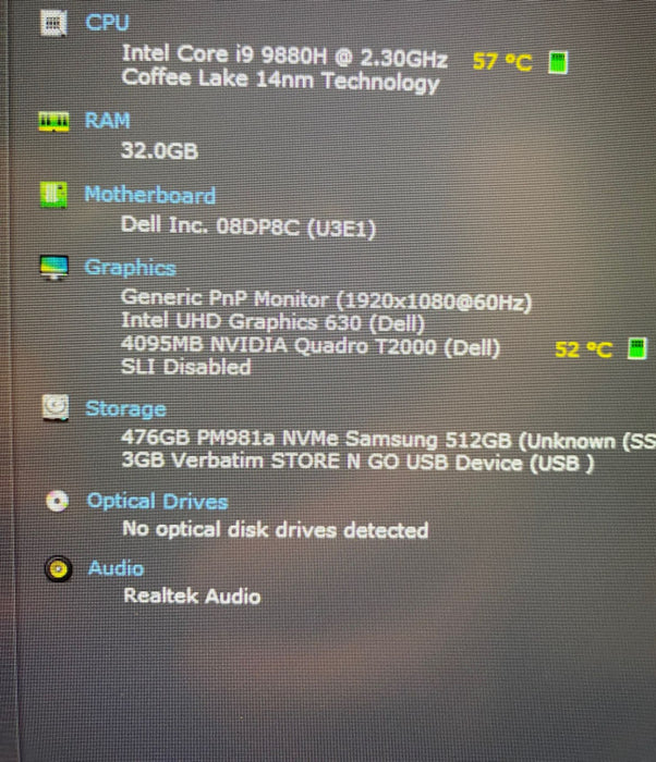 DELL PRECISION 7540 Intel i9-9880H QUADRO T2000 4GB GPU 32GB RAM 512SSD READ!