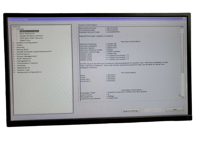Dell OptiPlex 7060 SFF Intel i7- 8700 CPU @ 3.20GHz 16GB DDR4 NO HDD