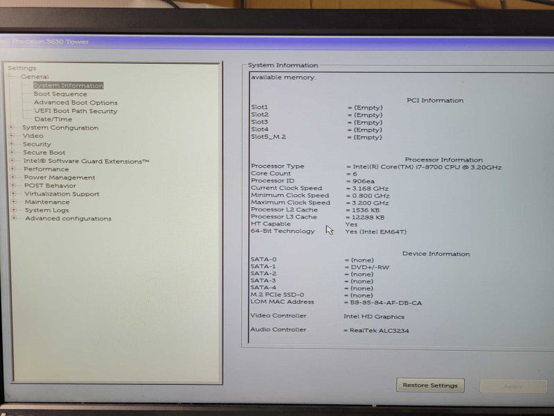 Dell precision 3630 tower Core i7-8700 3.2GHz, 8GB DDR4, 1x HDD Tray _