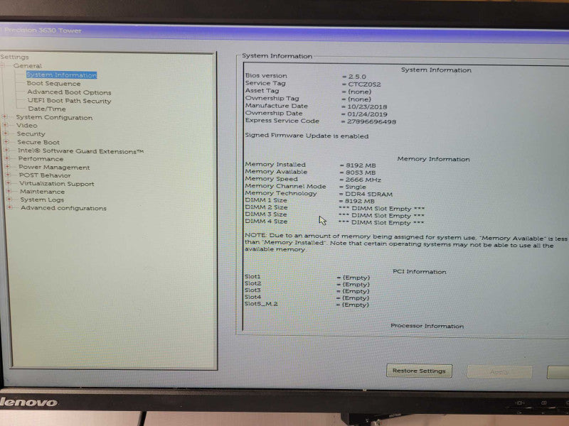 Dell precision 3630 tower Core i7-8700 3.2GHz, 8GB DDR4, 1x HDD Tray _